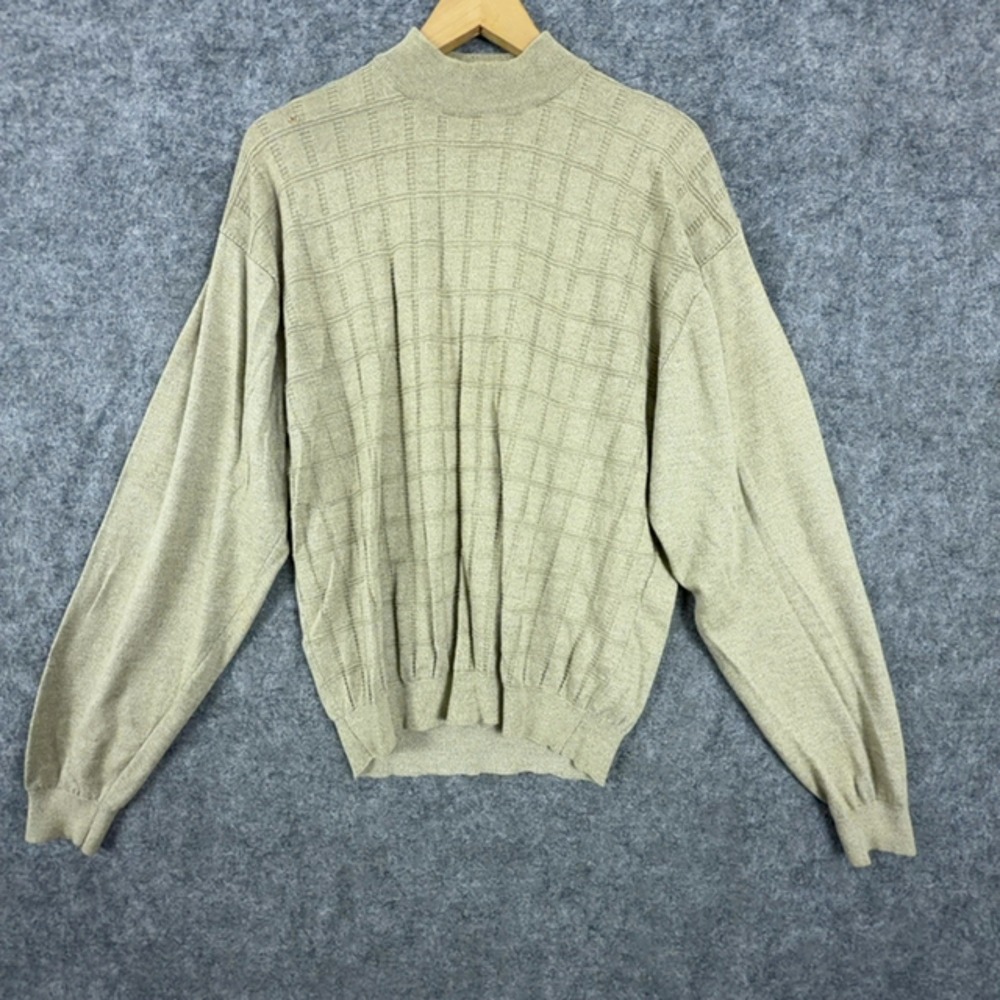 Vintage Pronto Uomo Sweater Mens Large Beige Grid Textured Mock Neck